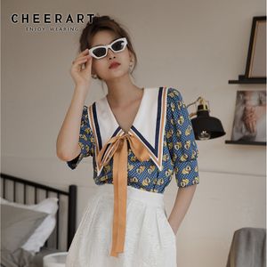 Vintage Blusa Mulheres Verão Top Solto Bow Big Collar Designer Senhoras Ladies Front Korean Fashion Roupas 210427