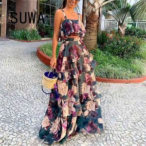 Ankomst Boho Tie Dye Sommar Två Piece Outfits För Kvinnor Med Skirt Spaghetti Strap Crop Tops Ruffles Midi Dress 210525