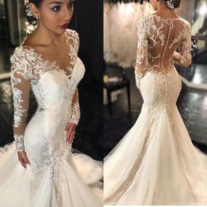 2021 Vintage Mermaid Bröllopsklänningar Långärmade Lace Appliques Beaded Wedding Gowns Sweep Train Jewel Bridal Gowns