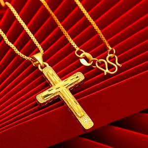 Cross Pendant Chain Women Men Fashion 18k Yellow Gold Filled Simple Style Crucifix Jewelry