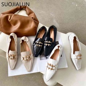 Suojialun мода бренд женщин квадратные носки квартиры обувь металлическая пряжка скольжения на мошек обувь повседневная плоская каблука 2021 весна мокасин mu c0330