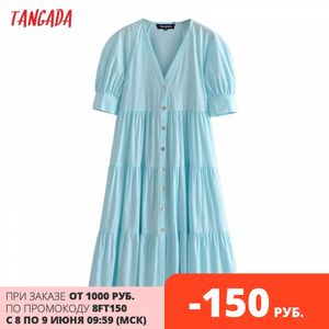 Tangada Sommer Frauen Solide Französisch Stil Lange Baumwolle Kleid V-ausschnitt Puff Kurzarm Damen Elegante Sommerkleid 3H54 210609