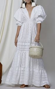 Mulheres vestido elegante laço branco profundo decote em v manga vintage cintura alta oco out maxi es 210524