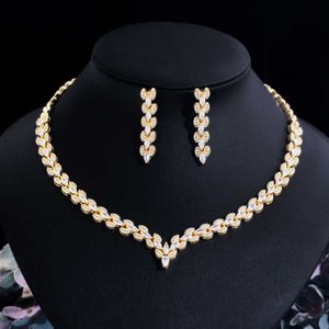 Cwwzircons elegant marquise leaf cubic zirconia kvinnor bröllop samling smycken set guld färg brud halsband tillbehör t568 h1022
