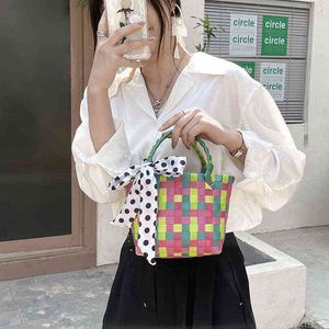 Shopping Bags Handmade Fashion Women's Handbag Plaid Pattern Silk Scarf Bowknot Female Mini Summer Straw Beach Designer Shopper Basket 220301