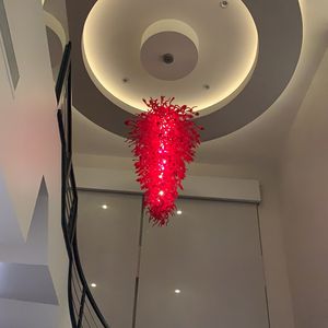 モダンな赤い色のシャンデリアペンダントランプ手ハンドブローガラスシャンデリア照明LEDの大きなロビークリスタルぶら下がりライト