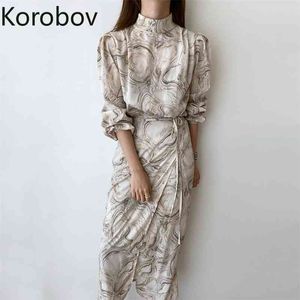 Korobov koreanska chic print kvinnor klänning vintage elegant stativ krage hög midja långärmad klänningar mode ny vestidos 210430