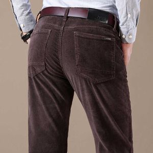 Mäns Corduroy Casual Pants Business Fashion Solid Färg Elastisk Regular Fit Trousers Male Black Khaki Coffee Navy 210616