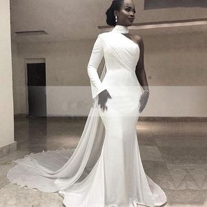 Sexy Meerjungfrau nigerianische One-Shoulder-Abendkleider mit Wickelband 2021 südafrikanisches Kaftan-Chiffon-Schleppe-Abschlussballkleid mit langen Ärmeln