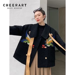 デザイナーウールコート女性鳥刺繍リボンブラックツイードジャケットファッションカワイイアウター韓国韓国人210427