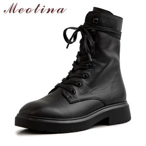 Botas do tornozelo de Inverno Mulheres Natural de couro genuíno liso liso curto para cima sapatos dedo do pé redondo feminino outono preto 34-39 210517