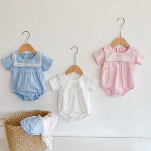 Bebê verão roupas bebês bebê meninas bodysuits puro algodão ruffles manga curta macacão chapéu roupas meninas roupas 210413