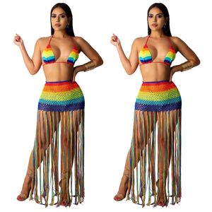 Verão Rainbow Chiffon Beach Long Cover Ups Vestido Sexy Women Fora Off Tops + Saias Long Bikini Swimwear Cobertura