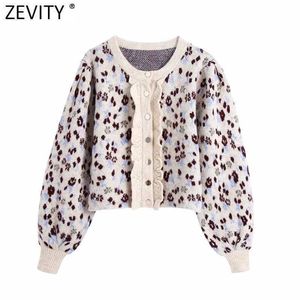 Zevity Women Fashion O Neck Lantern Sleeve Leopard Print Casual Short Sticking Sweater Femme Chic Ruffles Cardigan Tops S523 210603