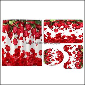 Wholesale red toilet seats resale online - Bath Mats Bathroom Aessories Home Garden Set Red Rose Pattern Shower Set Rugs Non Slip Toilet Seat Er Flower Curtain Polyester Rug Dr