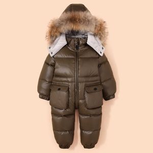 -30 Winter Kinder Baby Kleidung Mit Kapuze Natürliche Pelz Verdicken Warme Strampler Junge Daunenjacke JumpsuitGirl Schneeanzug Schnee Tragen 1-4 Y H0909