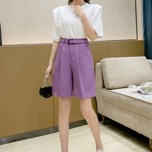 Летняя кнопка колена, длина ноги свободные шорты фиолетовый черный драпировка корейский повседневная женская улица простые для женщин 210507