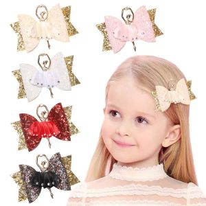 Neue Ballett Mädchen Prinzessin Haar Clips Doppelschicht Glitter Leder Clip Baby Haarschleife Boutique Haarspangen Strass Haarnadeln Zubehör