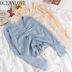 Stickad Kvinna T Shirts Spring Solid Pläterad V Neck Vintage Loose Korean Fashion T-shirt Ins Camisetas de Mujer 210415