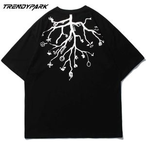 Erkek T-shirt Yaratıcı Geometrik Ağacı Baskılı Hip Hop Boy Pamuk Rahat Harajuku Streetwear Üst Tee Tişörtleri 210601