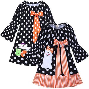 Black Dot Baby Girl Dress Halloween Ghost Costumes Girl's Clothes Barn One-Piece Dresses Kids Blouse Outfit Bomull 1-6 år 210413