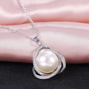 Huitan Classic Triangle Inlaid Round Imitation Pearl Pendant Women for Engagement Wedding Ceremony Fashion Necklace