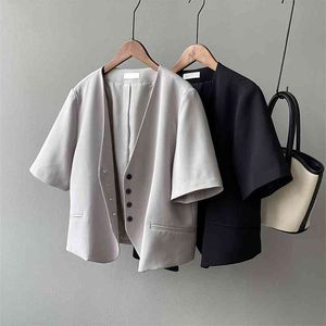 Minimalistisk sommar chic kort blazer kvinnor england stil navel exponerade 4 knappar kvinnlig enkel grå jacka 210601