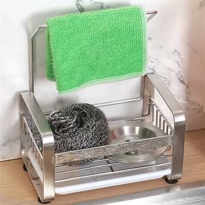 Kitchen Sponge Holder Stainless Steel Storage Basket Sink Caddy Cleaning Brush Soap Organizer Rack With Drain Tray 211112