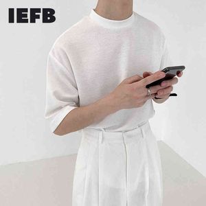 IEFB Summer Stand Collar Básico Camiseta Algodão Masculino Coreano Streetwear Moda Preto Branco Meia Manga Tee Tops 9Y6976 210524