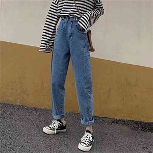 Chegada Outono Coreia Moda Mulheres Cintura Alta Loose Vintage Blue Jeans All-Matched Algodão Casual Denim Harem Calças S323 210512