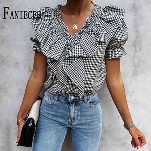 Casual o Neck Korta Puff Sleeve Ruffles Skjorta Chiffon Plaid Blouse Loose Elegant Holiday Lady Blue Red Top Femme Summer Bluzki 210520