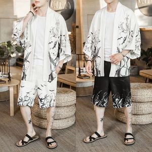 Sinicism Store 2020 Skriv ut Vit Sommar Lösa Tracksuit Män Mens Kimono Shorts Suit Sats Male Chinese Style 2 Piece sätter kläder x0610