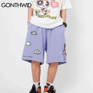 GONTHWID Pantaloncini Pantaloni della tuta Harajuku Cartoon Cloud Bear Stampa Pantaloni corti Streetwear Hip Hop Moda Pantaloni larghi al ginocchio H1210