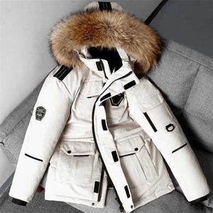 Anorak Kış Ceketi toptan satış-Erkek Kış Aşağı Ceket Sıcak Kapüşonlu Beyaz Ördek Aşağı Anorak Erkekler Parka Orta Uzun Ayrılabilir Kürk Yaka Ceket Su Geçirmez Ceket Erkek