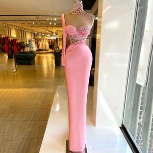 Pink Elegant Mermaid Evening Dresses One Shoulder High Neck Flowers Prom Gowns Satin Pleat Second Reception Dress Customise