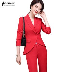 Red Suit Temperament Professional Fashion Formal Spring Long Sleeve Blazer And Pants Office Ladies Black Work Wear 210604