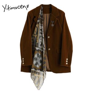 Yitimuceng Brown Blazer jaqueta para mulheres inverno veludo escritório top terno para mulheres Único jaqueta casual peito com lenço de seda 210601