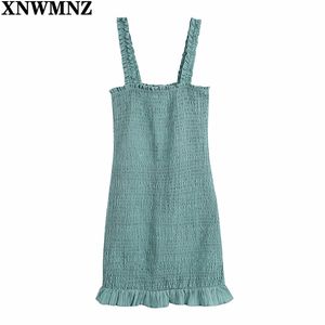 Moda Ruffled Hem Smocked Mini Sukienka Kobiety Vintage Chic Green Backless Wide Paski Kobiece Sukienki Vestidos Mujer 210520