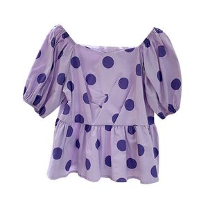 PERHAPS U Women Shirt Short Sleeve Puff Sleeve Summer Slash Neck Polka Dot Violet Lavander White B0602 210529