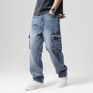 Fashion Cargo Pants Men's Casual Jeans Straight Loose Baggy Trousers Wide Leg Big Pocket Streetwear Hiphop Harem Denim Clothing