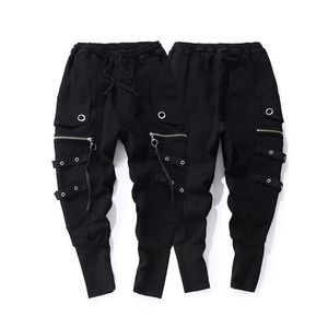 Fashion Drawstring Casual Men High Quality Joggers Svart Sweatpants Ribbon Hip Hop Men Streetwear Trousers Cross-Pants 210715