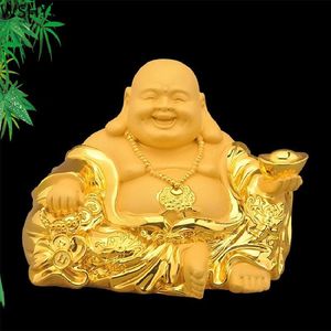 Смеющийся Будда оптовых-Декоративные объекты Статуэтки Gold Lucky Fengshui Смола смеется Будда Статуя Буддизм Деньги Maitreya Скульптура Домашняя гостиная Decoratio