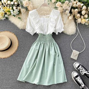 Neploe French Sweet Puff Sleeve Patchwork Kvinna Robe Square Collar Pleated Women Dress Office Lady Slim A Line Chic Vestidos Y0823