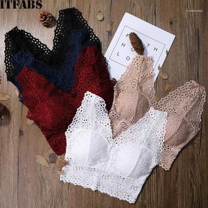 Camisoles Tanks 2021 Stil Sexig Lace Bralette Tank Topp Kvinnor Blommor Harness Deep V Back Cross WireFree Underkläder Underkläder Brassiere1