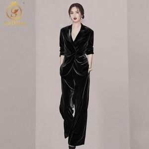 Velvet wide-leg pants suit Women 2 Piece Set slim Blazer Jacket Office lady business Celebrity Evening Runway Party Suit 210520