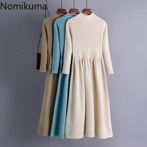 Nomikuma meia camisola camisola vestido mulheres cor sólida manga longa cintura alta malha vestidos básicos outono inverno roupas 210514