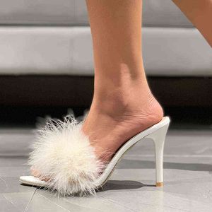 Fur High Heels Tofflor 2022 Sommar Nya Rom Flip Flops Sexiga Mode Sandaler Kvinnor Skor Klänning Party Pumpar Öppna Toe Mujer Slides Y220221