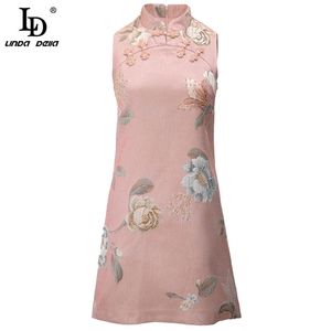 Summer Women Vintage Mini Dress Fashion Designer Sleeveless Beautiful Flower Bead Slim Female Jacquard 210522