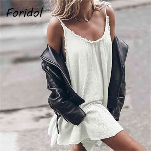 Foridol Casual Lose Sommer Sonne Kleid Frauen Lace Up Schulter Mini Kleid Weiß Schwarz Strand Boho Kleid Vestidos 210415