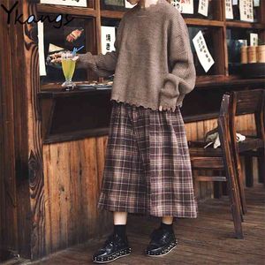 Japanische Stil elastische hohe Taille lange Röcke Damen Herbst Plaid A-Linie plissiert weibliche Winter Wolle warme Streetwear 210421